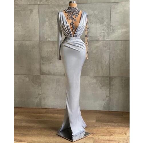 New Design 2021 Long Mermaid Silver Evening Dress Sheer Chic Beads Long Sleeves Formal Occasion Women Party Gowns Evening