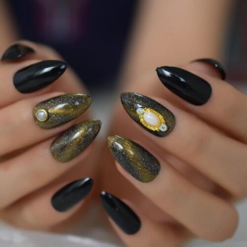 3D Cat Eyes Press On Nails Stiletto Medium Black Gel Nail Gold Galaxry Sky Jewelry Nail Tips Handmade Kit 24pcs