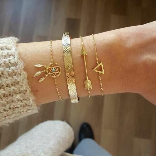 ALYXUY 4 Pcs / Set Boho Dream Catcher Leaves Triangle Arrow Gem Gold Chain Open Multilayer Bracelet Set Women Exquisite Jewelry