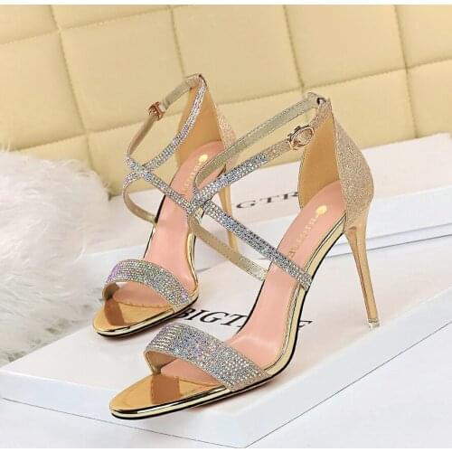BIGTREE 2021 Fashion CRYSTAL Bling Sequined Cloth Sandals Sexy Summer Stiletto Heels Zapatos Mujer Ankle-Wrap Buckle Strap Party
