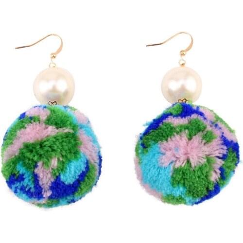 Big Cotton Pom Pom Ball Pendant Imitation Pearl Dangle Earrings for Women Florate Brand Bohemian Ethnic Drop Statement Earrings