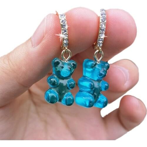 Zircon Gummy Bear Earrings for Women Shiny Rhinestone Transparent Resin Bear Hoop Earrings Jewelry Girls Eardrop