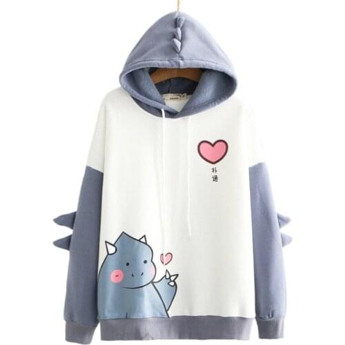 Fleece Hooded Sweatshirt Cartoon Dinosaur Print Plus Velvet Warm Hoodies 2020 Winter Long Sleeve Cute Sweet Style Pullover Top