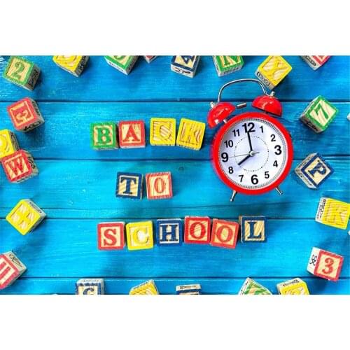 Blue Wood Plank Photo Background Blackboard With Colourful Small Wooden Blocks And Red Clock Backdrop For Classrooms Decor