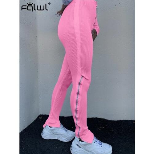 FQLWL Casual Ribbed Knitted Bodycon Pants Women Trousers Elastic High Waist Pants Female Streetwear Zipper Pink Sexy Sweat Pants
