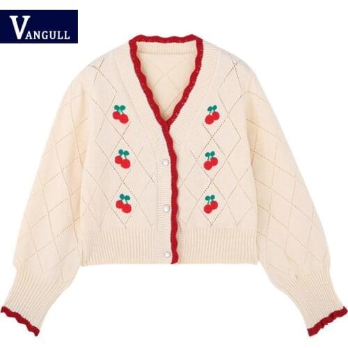 Vangull Cherry Fruit Embroidery Cardigan Women Knit Sweater Outwear Sweet Cardigan Autum Winter Puff Sleeve V Neck Short Sweater