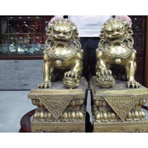 China Brass Copper Feng Shui Evil Door Guardian Fu Foo Dog Lion Kilin Kylin Pair