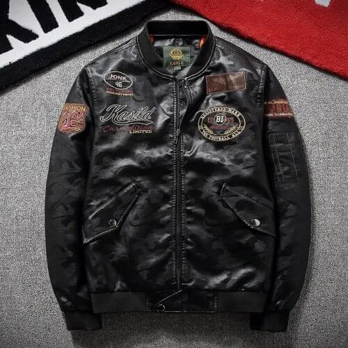 YuWaiJiaRen Mens Leather Jackets Spring Autmn Fashion Embroidery Motorcycle Hip Hop Streetwear Bomber Jacket Flight Pilot Coat