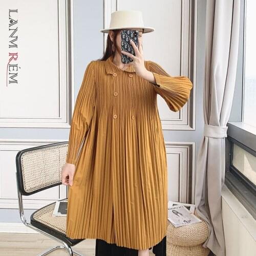 LANMREM Pleated Windbreaker Womens Long Sleeves 2021 Spring And Autumn Temperament Double Breasted Casual Coat 2T1232