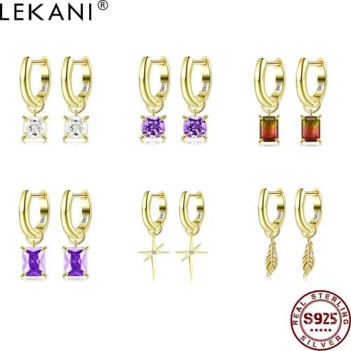 LEKANI 1PC Geometry Square CZ Dangle Earrings For Women 925 Sterling Silver Bright Star Drop Earring Charms Gold Color Jewelry