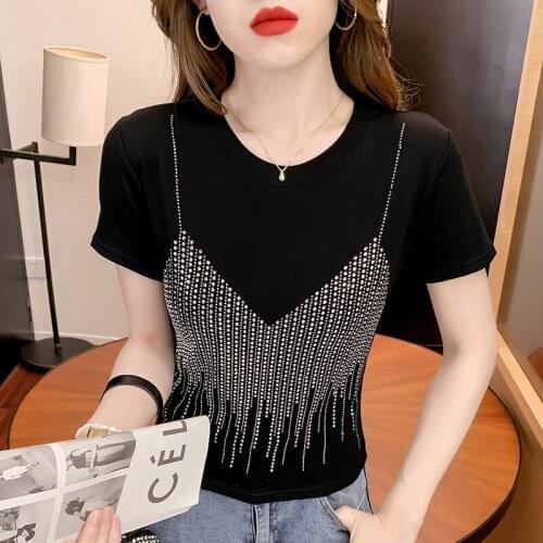 Summer T Shirt Women 2021 New Fashion Design Western Style Hot Drill Thin Short Sleeve T-shirt Female Tee Tshirts SZH803928