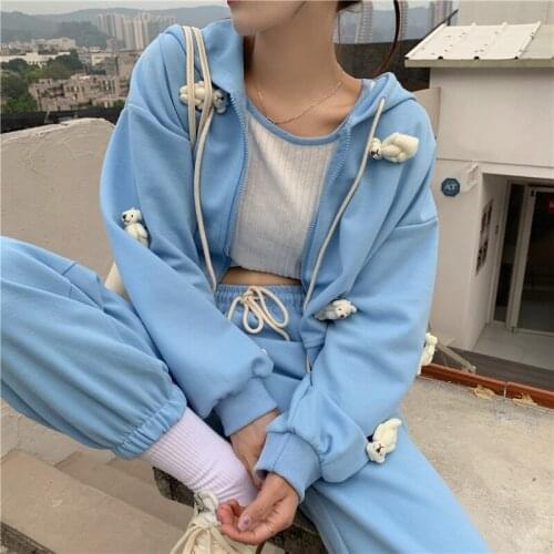 Kawaii Oversized hoodies cute bear long-sleeved jacket korean fashion Zip Up short Sweatshirt Vintage Warm Pullover Clothes худи