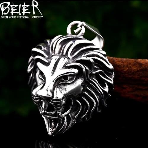 BEIER Fashion animal Stainless steel 3D Lion Heads pendant Necklace charm men jewelry Rock punk Cool Choker Gift BP8-459