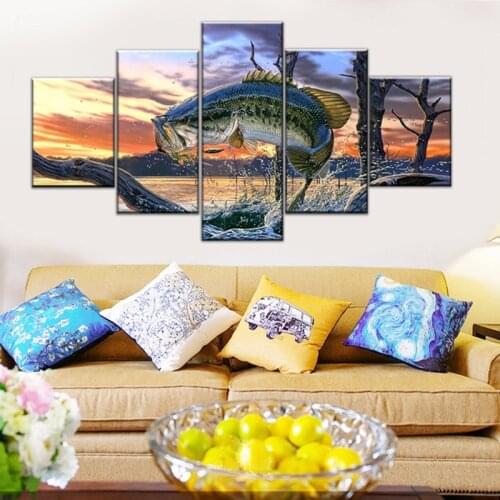 Wall Art for Living Room Bronze Colored Large Mouth Bass Fish Pictures Seascape Paintings 5 Piece Canvas Artwork Modern Home Dec