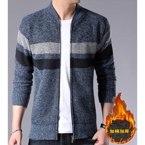 Fall winter mens knitwear thick fleece baseball collar striped sweater jacket warm coat casual loose zippered cardigan