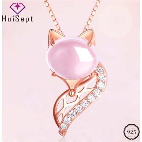 HuiSept Trendy 925 Silver Necklace Jewelry Rose Gold Pink Rose Quartz Fox Shape Pendant for Female Wedding Party Gifts Wholesale