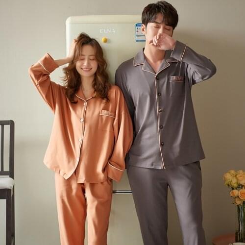 SLPBELY Lovers Pajamas Set Homewear Spring Autumn Solid Lapel Long Sleeve Men Women Pyjamas Cartoon Couple Sleepwear Nightwear