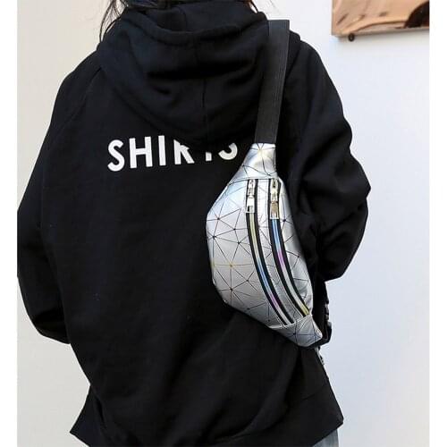 Waist Bags Women Silver Fanny Pack Female Belt Bag Black Geometric Waist Packs Laser Chest Phone Pouch Travel Sport Small Purse