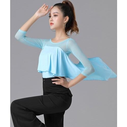 Latin Dance Long Sleeve Mesh Shirt Female Adult National Standard Ballroom Dance Costume Sexy Tops Performance Practice Clothing