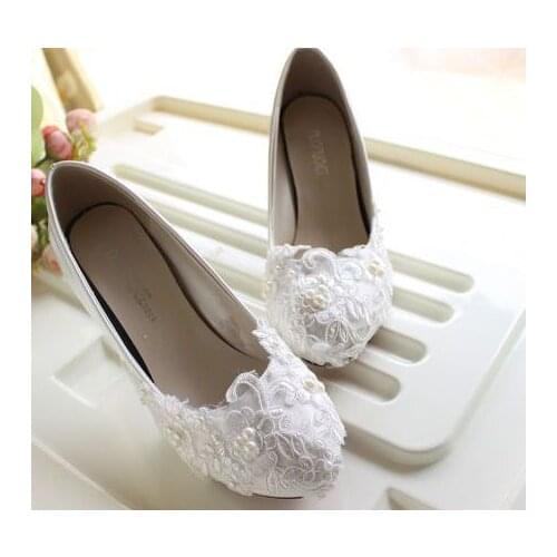 High heels white lace wedding shoes women bridal white lace with ivory pearls wedding brides pumps shoes low high heels