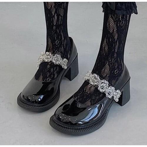 Lolita Shoes Crystal Mary Janes Shoes Women High Heels Patent Leather Dress Shoes Round Toe Oxford Shoes Girls Student 9232N