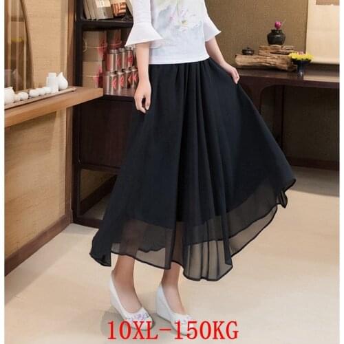 Plus Size 8XL 9XL 10XL Large Size Womens Skirt Chiffon High Waist Skirt Summer Loose Large Size Stretch Black A-line Skirt