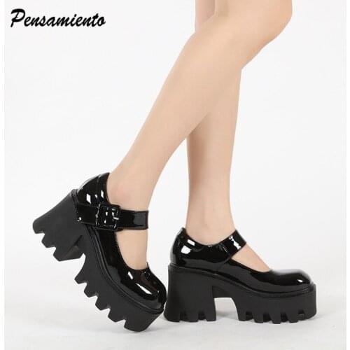 2021Spring Summer Mary Janes Women Wedges Shoes Fashion Patent leather Platform High heels Female Pumps Casual chunky Shoes
