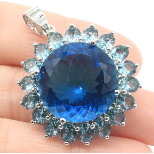 36x29mm Delicate Big Round Gemstone Created London Blue Topaz CZ Ladies Silver Pendant Eye Catching