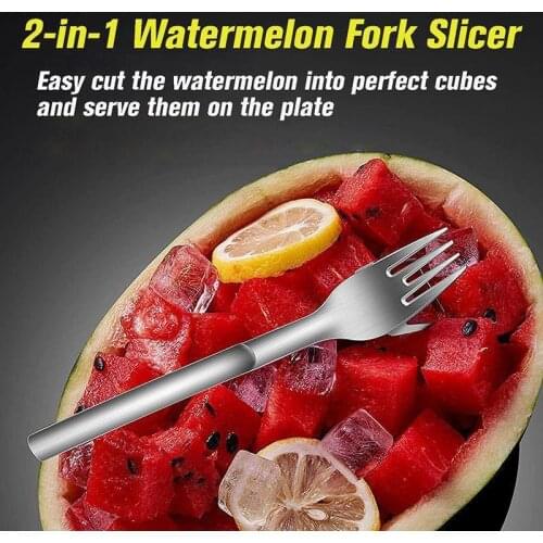 2 In 1 Watermelon Fork Slicer Multi-purpose Watermelon Slicer Cutter Knife 304 Stainless Steel Kitchen Fruit Cutting Fork