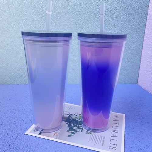 710ML Straw Cup With Lid Rainbow Color Changing Plastic Cup Reusable Colorful Water Bottle Juice Coffee Mug Kitchen Drinkware