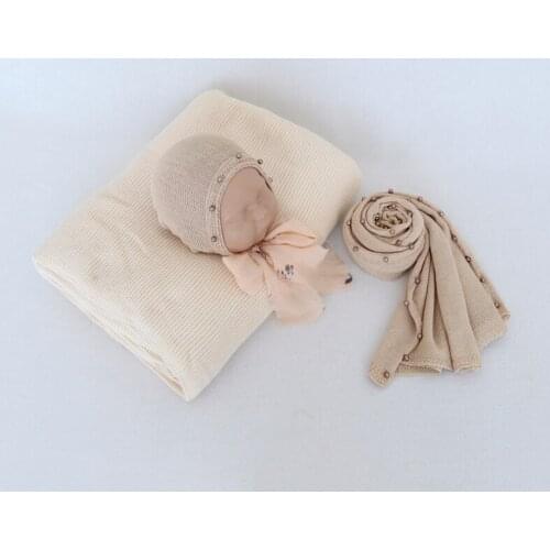Beige Newborn Photography Wrap Set Knit Pearl Hat Stretch Wrap Blanket Baby Swaddle Blanket Backdrop Photo Props