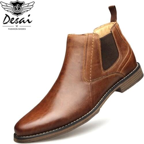 DESAI Genuine Leather Mens Boots Vintage Style High-Cut Lace-Up Shoes Men Fashion Casual Brogue High Boots EUR Size 8-12