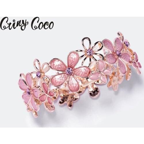 Cring Coco Fashion Adjustable Alloy Flower Elastic Rope Bracelet Rose Gold Color Enamel Metal Jewelry Womens Party Bangles Gift