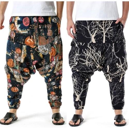 Male Harem Pants 2021 Summer Drop Crotch Men Streetwear Pants Casual Vintage Floral Printed Hip Hop Loose Yoga Sports Trouser