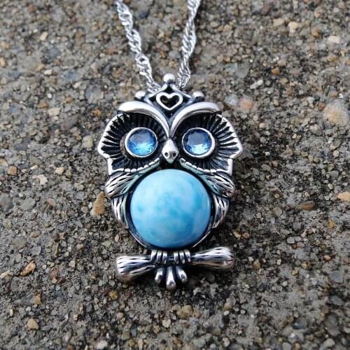 High Quality Antique Silver Jewelry Natural Larimar Owl Pendant Necklace in 925 Sterling Silver