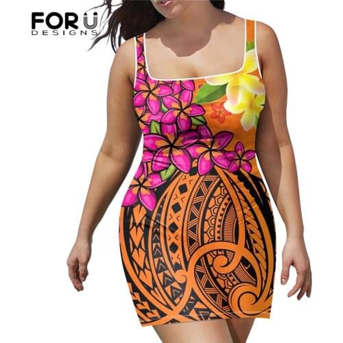 FORUDESIGNS Polynesian Samoa Tattoo Frangipani Brand Designer Sexy Sleeveless U Neck Summer Short Dress Ladies Mini Pencil Dress