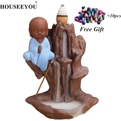 HOUSEEYOU Mountain Waterfall Incense Burner Little Monk Buddha Backflow Incense Stick Burner Smoke Ceramic Censer+ 10PCS Cones