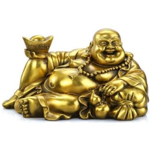 Collection Chinese Brass Carved Yuan Bao Wealth Gourd Purse Toad Happy Laugh Maitreya Buddha Statue Exquisite Small Statues