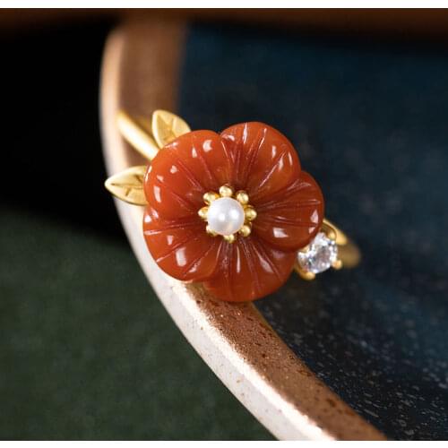 Original S925 Sterling Silver Gold Natural South Red Plum Blossom Ring Vintage Upscale Temperament Wild Womens Open Ring