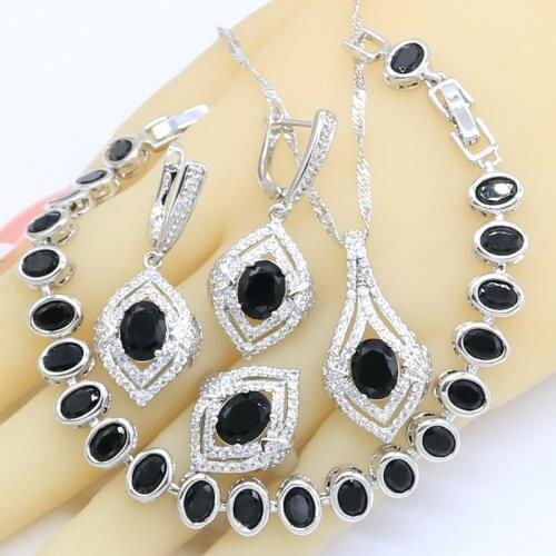 Black White Zircon 925 Silver Jewelry Sets for Women Wedding Bracelet Earrings Necklace Pendant Ring Gift Box