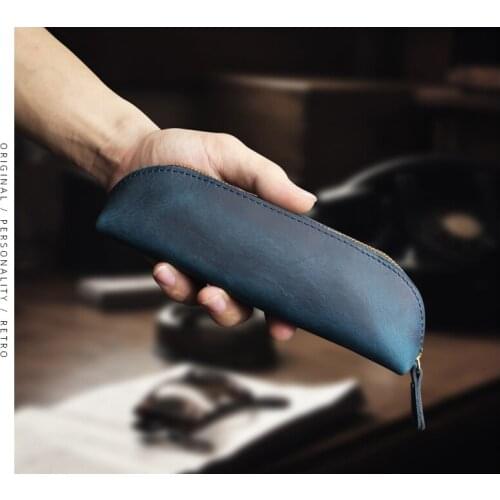 Handmade Crazy Horse Leather Pen Bag Large Capacity Genuine Leather Pencil Case Retro Pen Pouch Pencilcase Zipper Box
