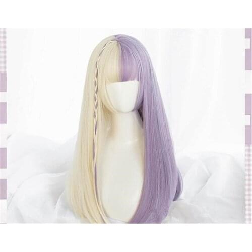 Lolita Girl Purple Mixed White long Ombre Bangs Cute Party Synthetic women Cosplay Wig D044