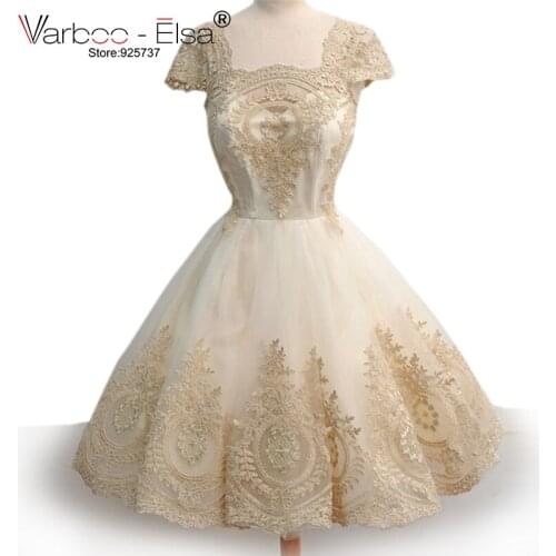 2019 New Illusion Neckline Lace Tea Length Wedding Dress Cap Sleeve Short Wedding Dress Ivory Wedding Dress Lace Bridal Gown