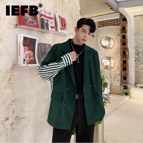IEFB Autumn Design Stitching Striped Cloth Mens Loose Suit Coat 2021 New Single Breasted Notched Collar Green Blazer 9Y8942