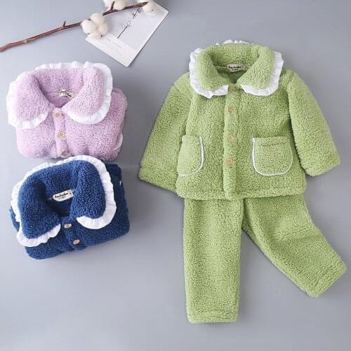 New 2020 Kids Boys Girls Autumn Winter Warm Flannel Pajama Sets Solid Lapel Pockets Tops with Pants Baby Sleeping Clothing Sets