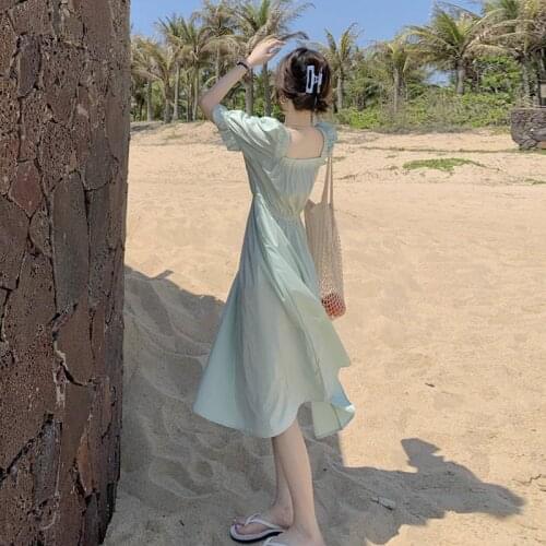 Dress for Women Fluffy Sleeves Square Neck Dress Female Summer New Style French Soft Wind Super Fairy Green One-piece Dress