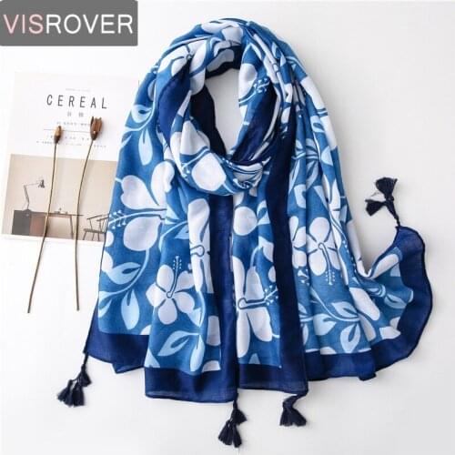 Visrover New Ethnic Blue Tropical Beach Scarves Tourist Shawl Luxury Head Scarf Floral Print Scarf Boho Women Scarfs Wholesales
