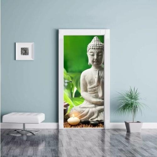 Hot Door Mural Classic Buddha Statue Door Sticker DIY Self-adhesive Waterproof Wallpaper Poste for Home Decoration Gift