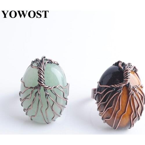 Adjustable Ring Women Man Fingers Jewelry Natural Stone Egg Shape Vintage Copper Wire Wrapped Tree of Life Antique Rings IBX306