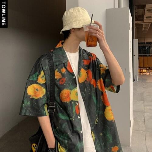 Mens Flora Print Shirts Harajuku 2021 Summer Vintage Button Up Short Sleeve Loose Shirts Women Korean Fashion Smooth Blouses